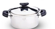 Casseruola 22 cm con coperchio. Casseruola in acciaio inox con coperchio e due manici neri.